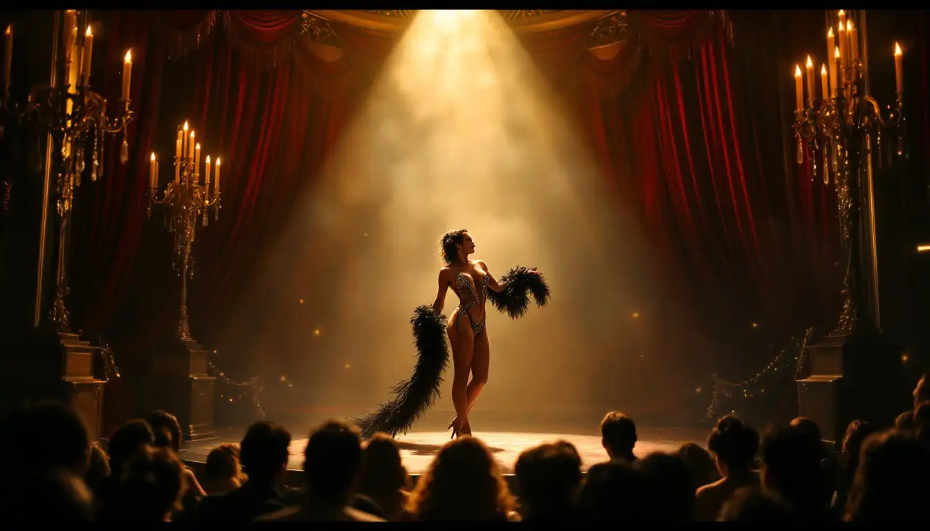 Danseuse burlesque glamour en scène, striptease à plumes, décor art-déco, rideaux rouges, spectateurs en silhouette, focus doux et effet bokeh.