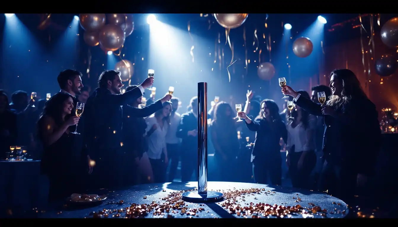 Fête animée en salle sombre avec podium éclairé, poteau de danse, verres à champagne éparpillés, décorations festives, effet bokeh.